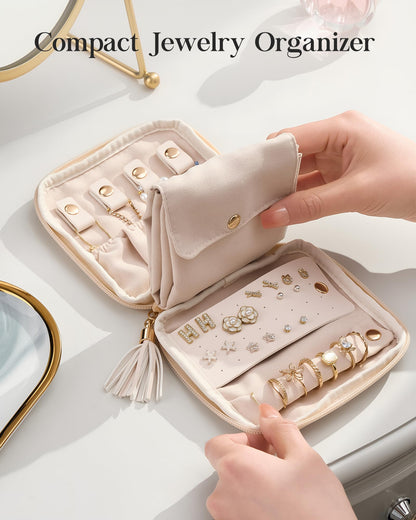 Lolalet Cream 2 Layer Jewelry Box Organizer and Cloud White Travel Jewelry Case Organizer Bundle, Jewelry Storage and Travel Solution