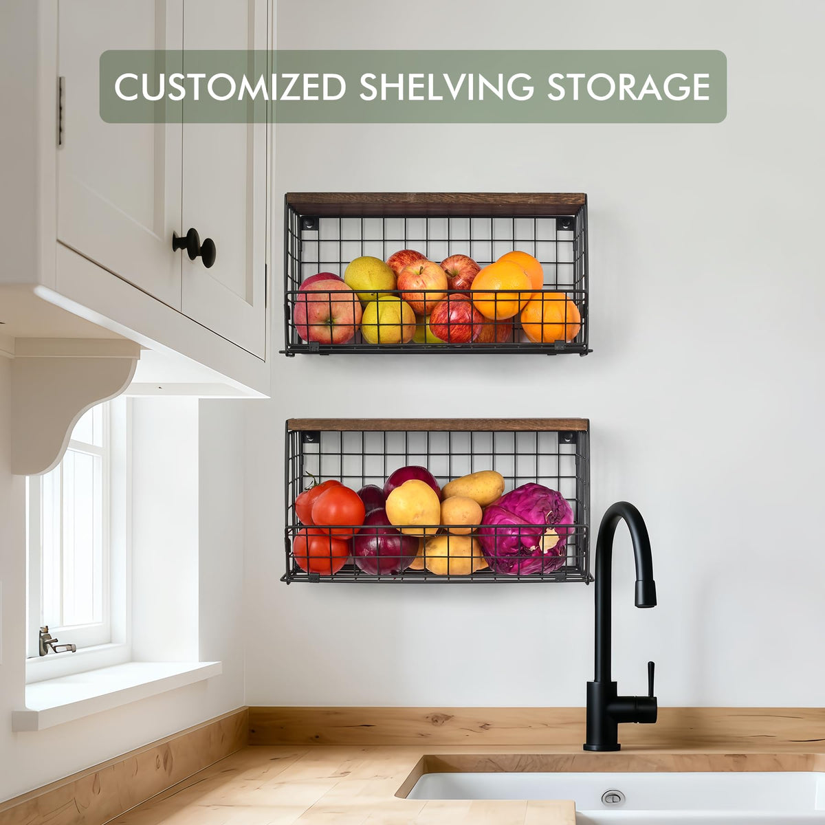 Wall Storage Hanging Baskets 2 PACK - Wooden Top Wire Basket Organizers & S Hooks - Assemble Floating Shelf Racks for Pantry Kitchen Office Bathroom Garage Organization (Extra Large)