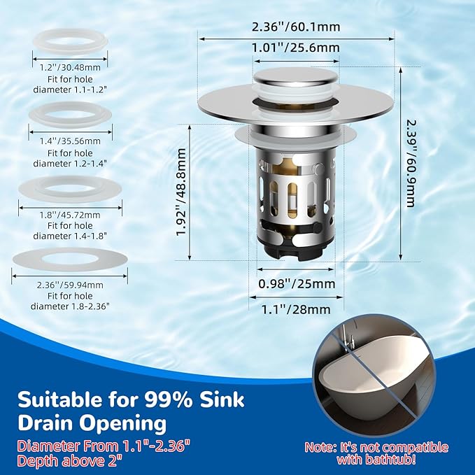 Hibbent 3 Pack Upgraded 3 in 1 Bathroom Sink Drain Strainer, Universal Pop Up