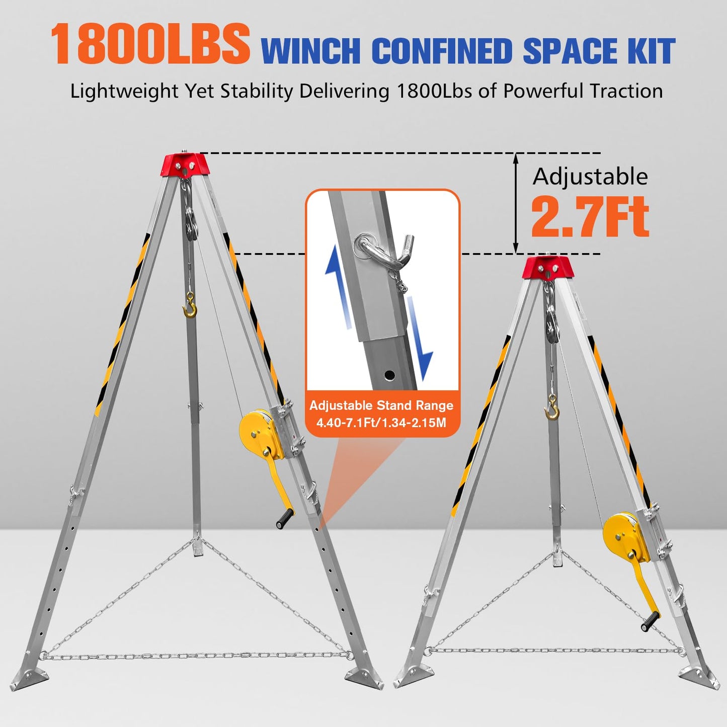 Confined Space Tripod Kit, 1800 lbs Winch with 98' Cable, Confined Space Rescue Tripod with 4.4' to 7' Adjustable Legs, Portable Tripod Kit with 32.8' Protection, Rescue Tripod Lifting Hoist