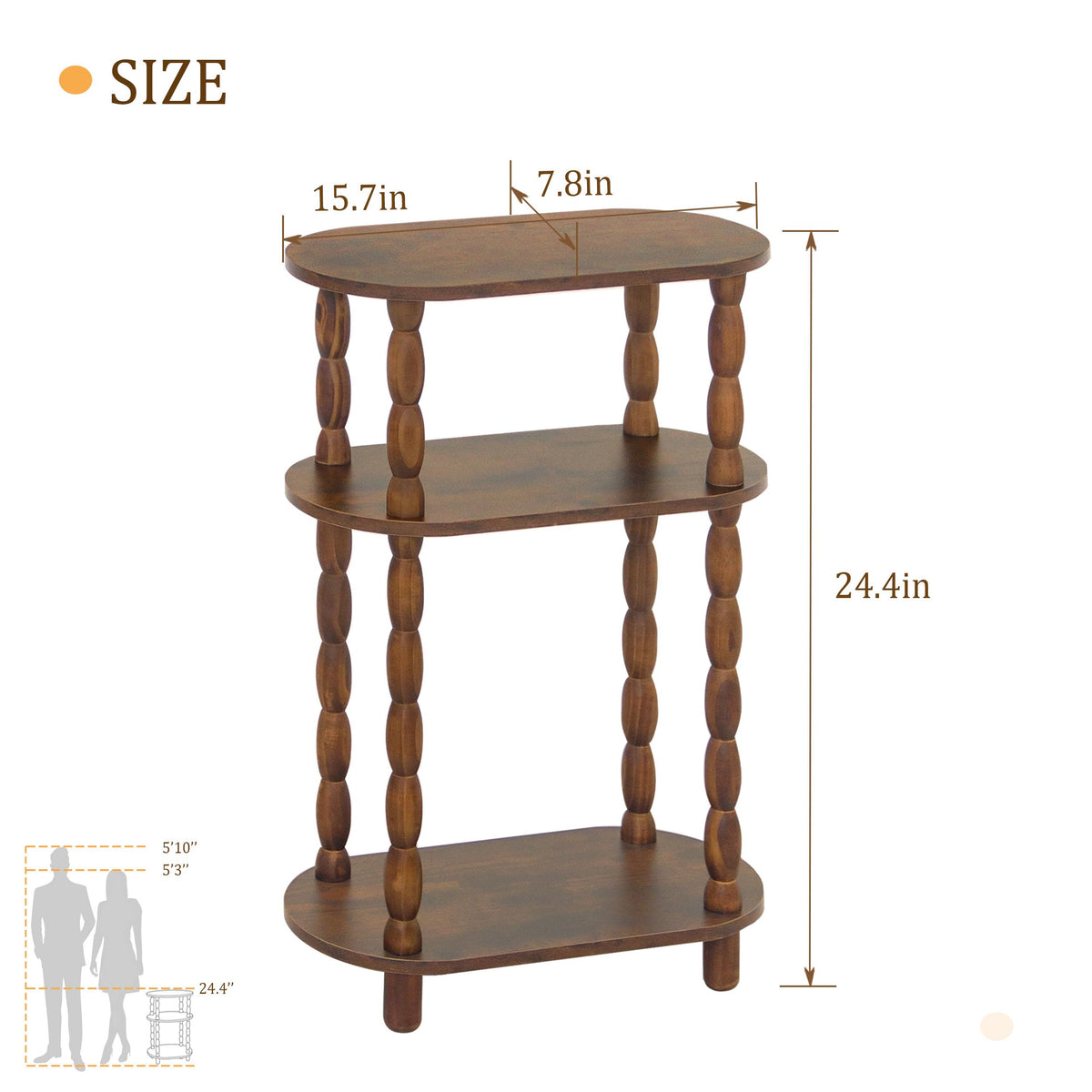 MaxSmeo Small Narrow Side Table, 3-Tier Narrow End Table with Storage, Skinny Side Table Nightstand for Small Space, Bedrooms, Living Room (Rustic Brown)