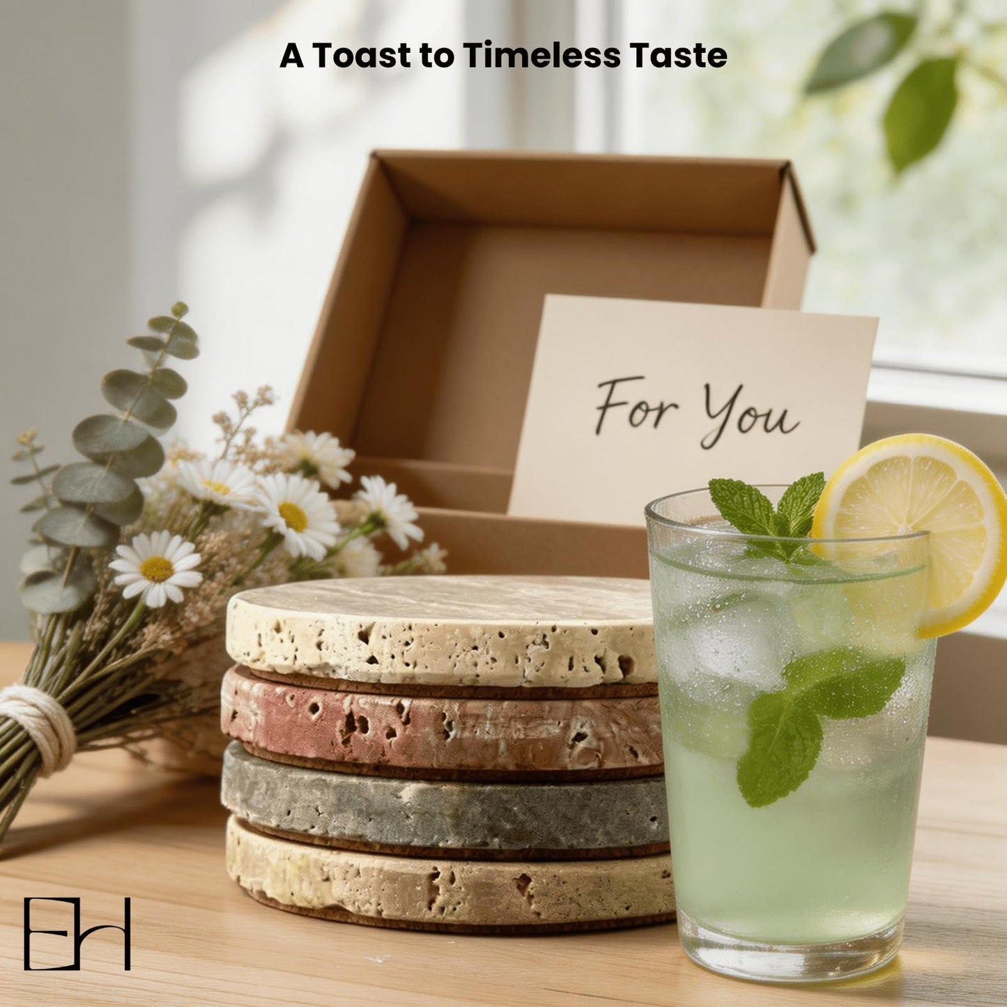 Marble Coasters Set of 4 - Stone Coaster for Drinks, Coaster with Cork for Tabletop & Coffee Table Decor, Ideal Home Decor House Warming Gifts (Quartet Travertine)