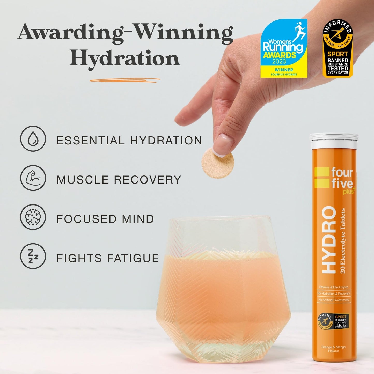 fourfive Hydration Tablets (Orange & Mango) Low Calorie Vitamin Electrolytes, Vegan, Magnesium & Calcium, Sports Hydration - 3x20 Effervescent Tablets