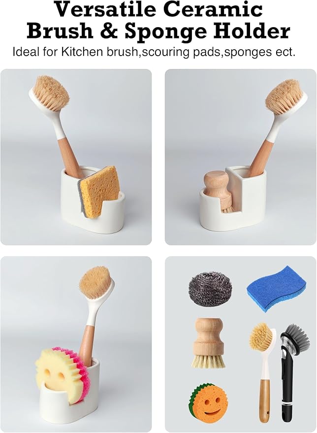 2-in-1 Ceramic Sponge Holder, Dish Sponge and Brush Holder