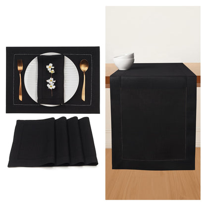 D’Moksha Homes Value Pack - Black Linen Table Runner and Placemats Set: 1 Linen Table Runner (14 x 36 Inch) and 4 Linen Placemats (14 x 19 inch); 5 pcs in Total; 100% Pure European Linen