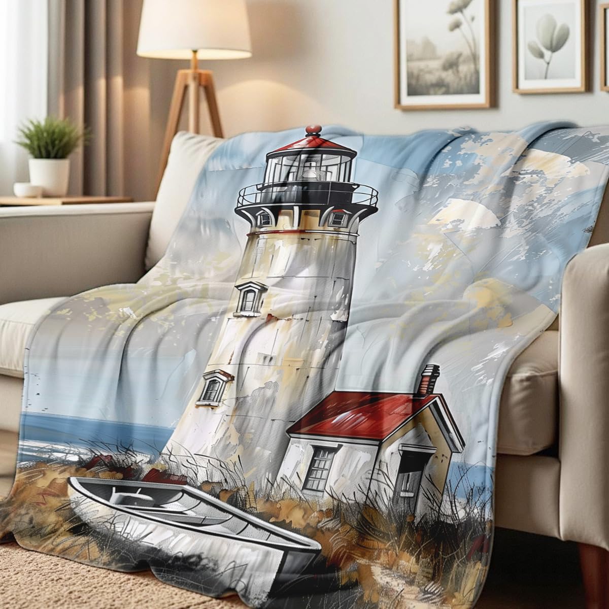 HUNXIAOJ Lighthouse Print Throw Blanket Coastal Flannel Blanket for Couch Bed Nautical Lighthouse Throw Soft Bedding Beach Bedroom Decor Gifts (49"x59")