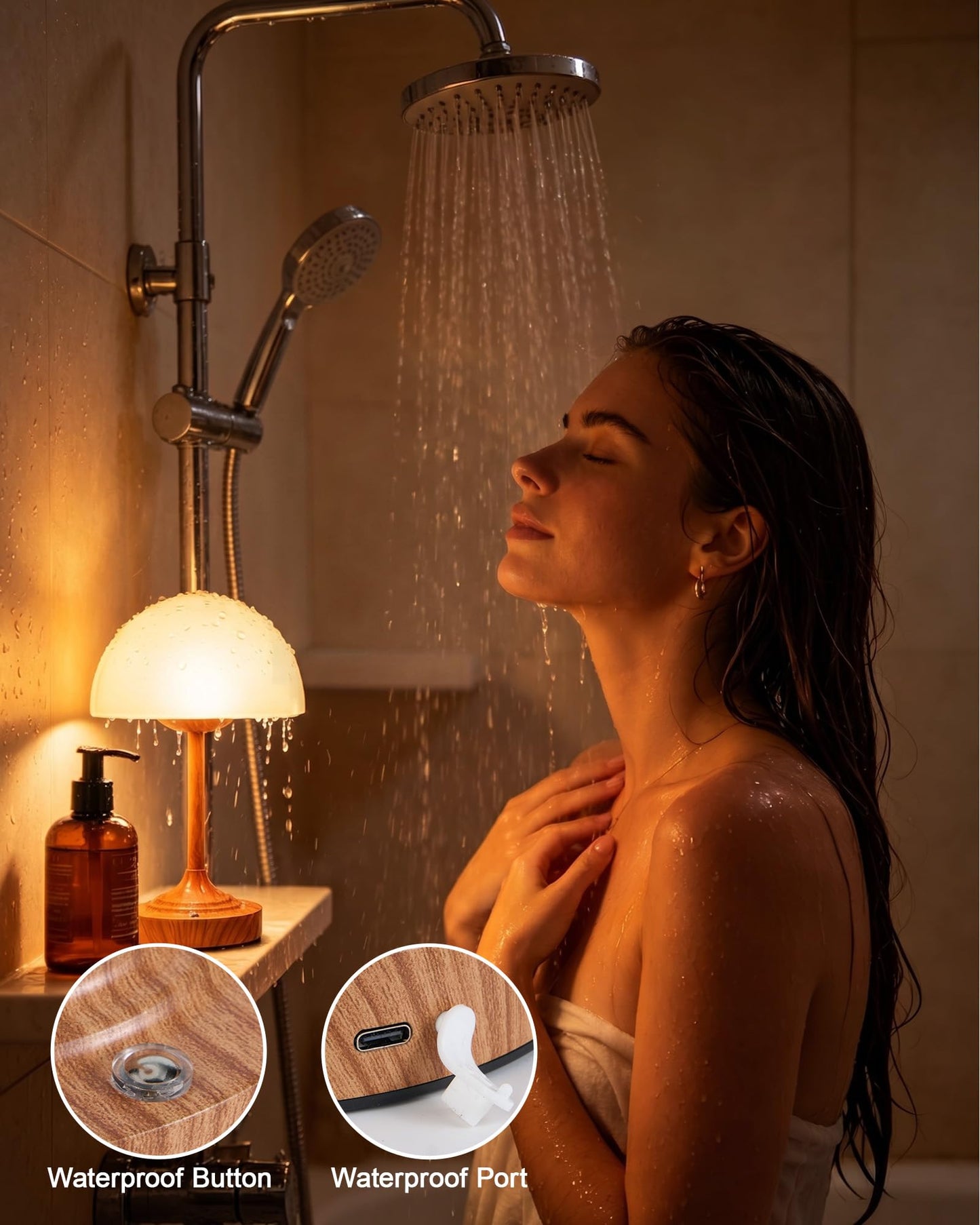 UMEXUS Cordless Mushroom Rechargeable Lamp with Waterproof for Shower, 11.8" H Small Portable Battery Operated Glass Table Lamp, Dimmable Touch Light for Bathroom Bedside Dining Table Kitchen Patio
