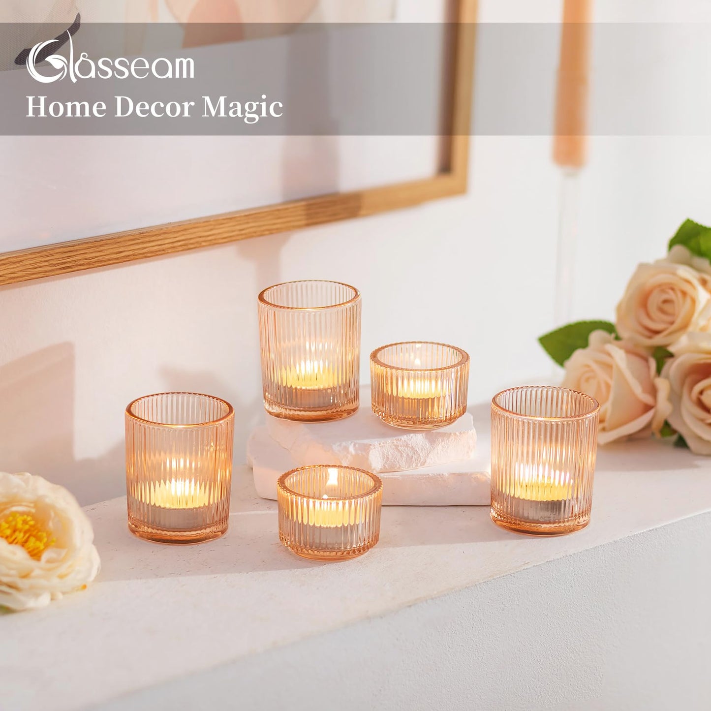Glasseam Gold Votive Candle Holders: 8 Pcs Ribbed Glass Tealight Candle Holder Set Tea Light Holders Wedding Decorations for Reception Modern Home Decor Centerpiece Gifts