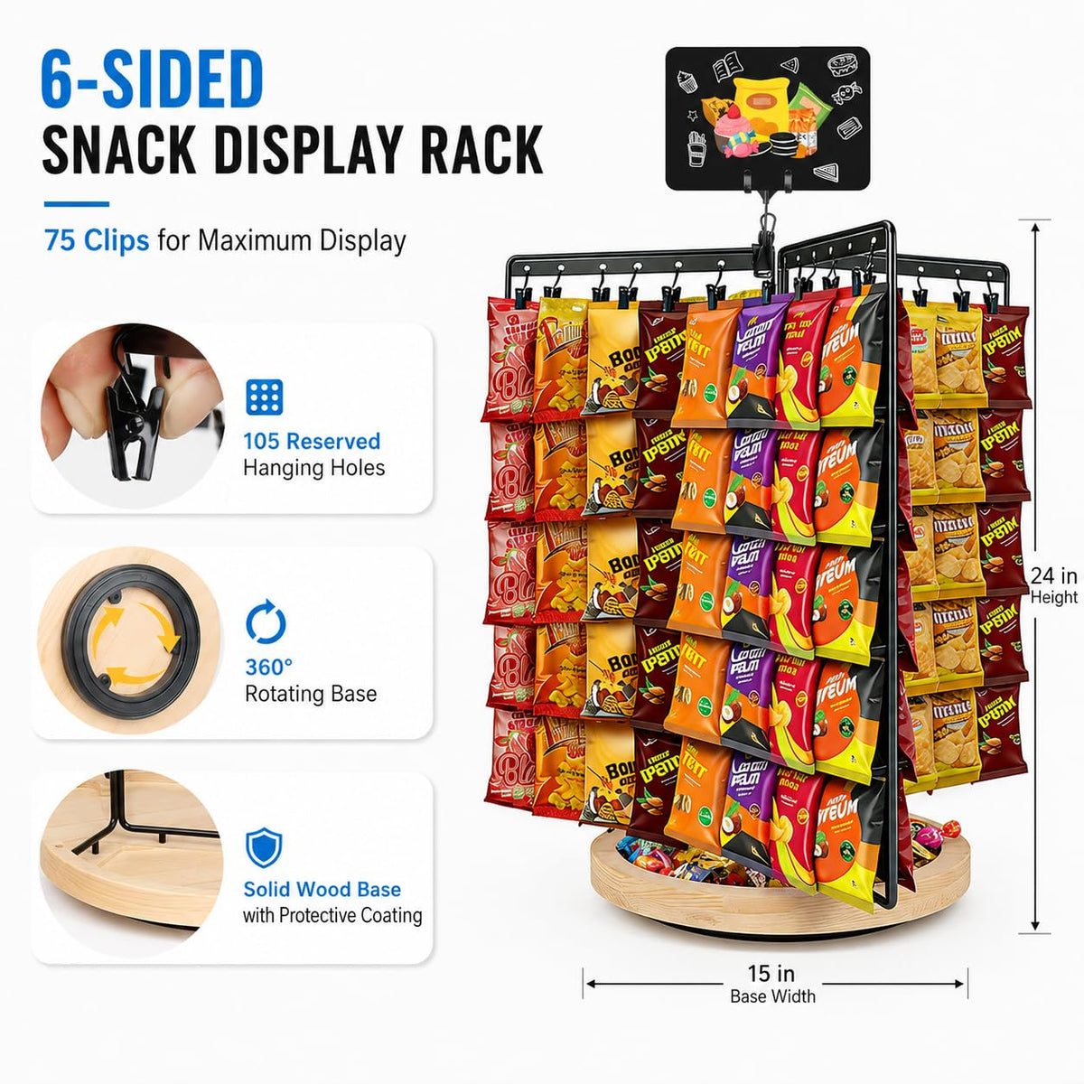 Chip Rack Display Stand, 360° Rotating 6-Sided Chip Holder Display for Countertop with 75 Adjustable Clips, Wooden Base Tray, DIY Message Board & Pen, Snack Display Rack for Concession Stand, Retail, Office, Parties