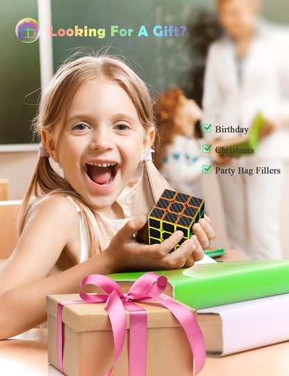 ROXENDA Speed Cube Set, 2X2 3X3 4X4 Pyramid Cube Stickerless with Instruction [4 Pack] (Carbon Fiber Cube Set)