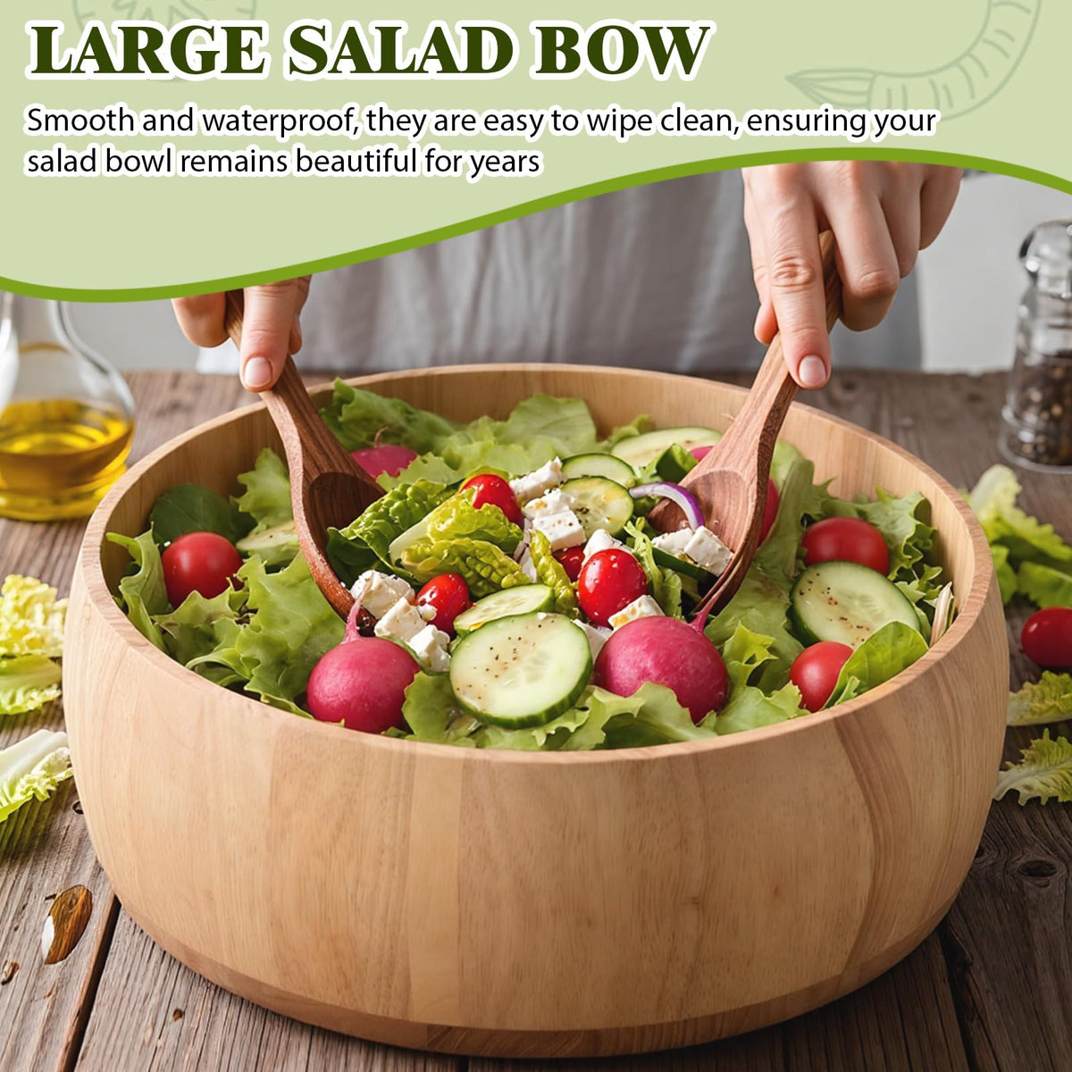 Yiyiring 15 x 5 Inch Exra Large Wood Salad Bowl Wide Large Wood Bowl for Mixing Salad Cut Fruits Pasta Snacks Food Dishes Restaurant Kitchen Countertop Decorative Handcrafted Home Wedding Party
