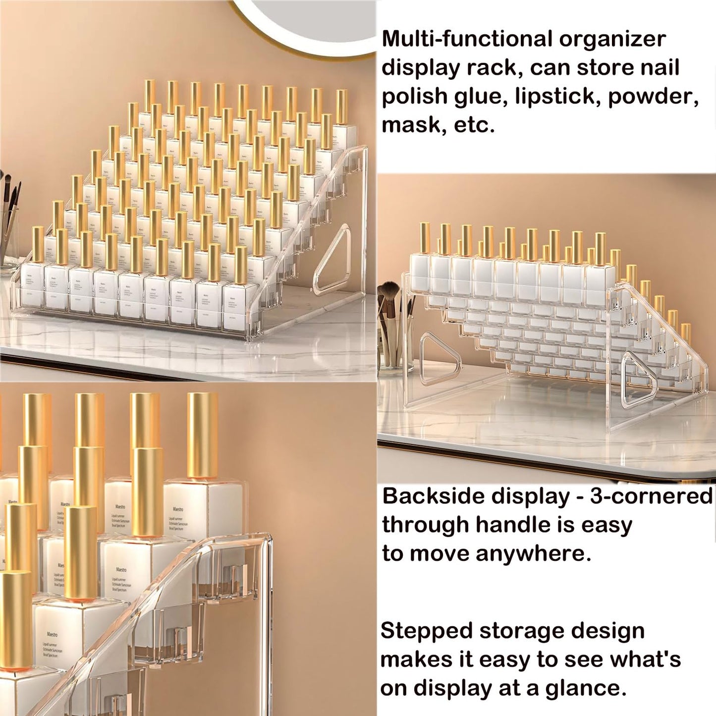 5 Tier Acrylic Display Stand Organiser with Fences, No Assembly Perfume Stand Organiser, Clear Display Shelf for Home, Office, Retail for Funko Figures Toys Cupcake Food, Cologne, Cosmetics, Storage