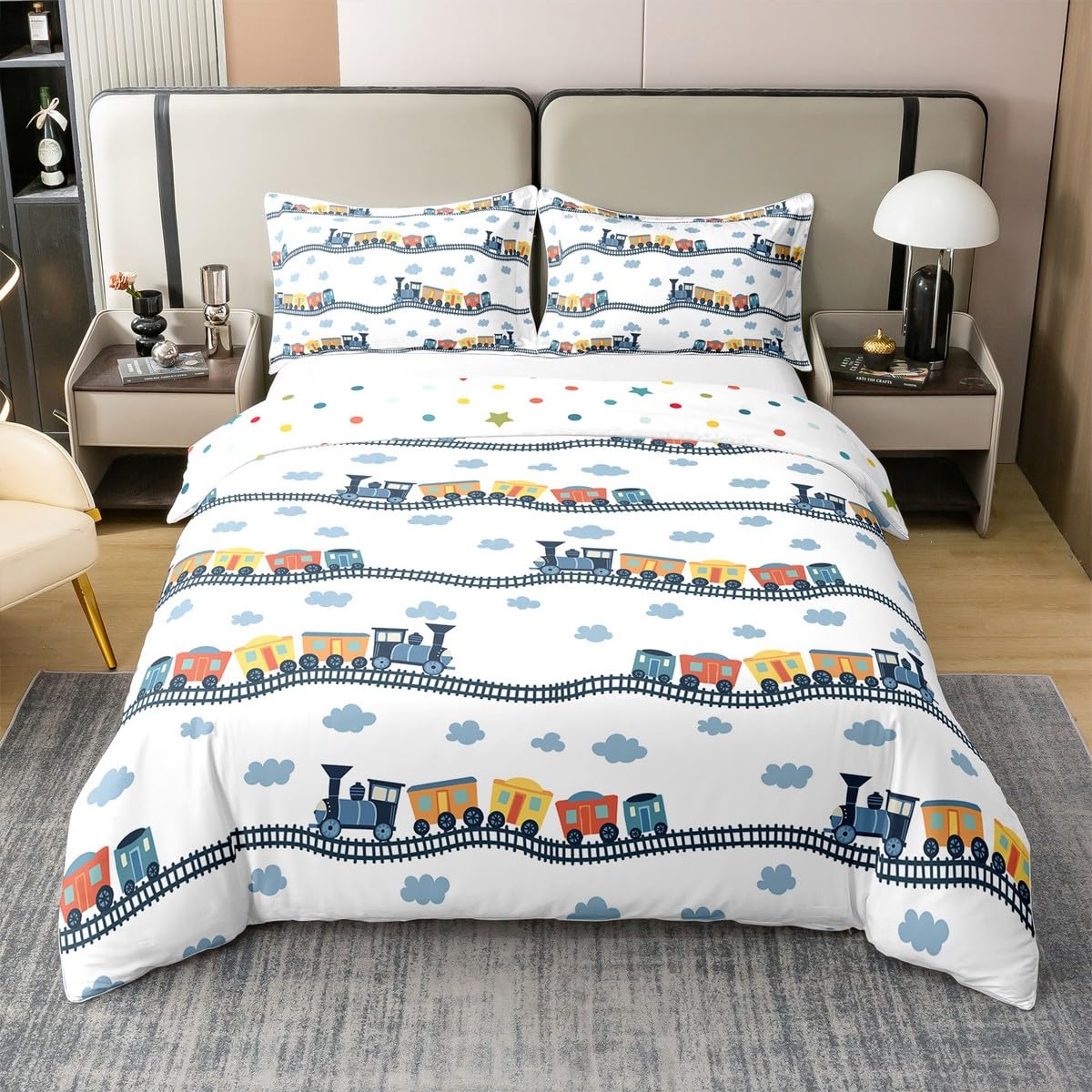 Erosebridal 100% Cotton Kids Train Comforter Cover Twin for Boys Girls Cartoon Car Bedding Set Steam Engine Duvet Cover Railway Vehicles Bed Set Transportation Truck Quilt Cover with 1 Pillow Case