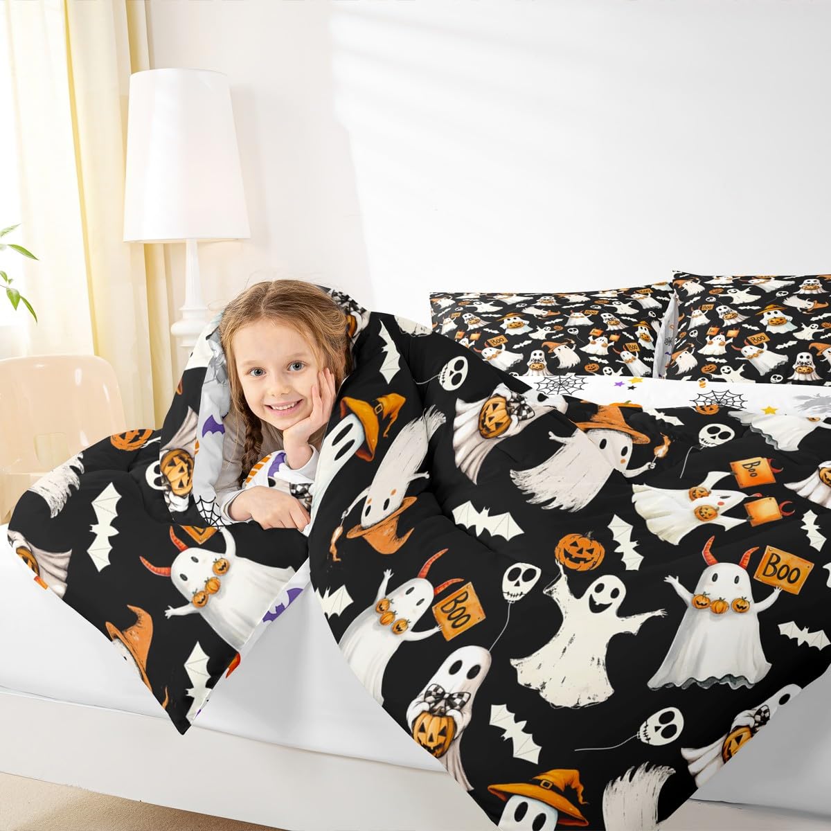 Homewish Happy Halloween Comforter Set Spooky Witch Hat Ghost Comforter Queen Size Gothic Pumpkin Bats Bedding Set for Kids Adult Bedroom Decor Fashion Black Quilt Duvet,3 Pcs with 2 Pillowcase