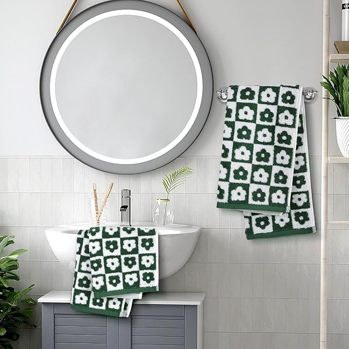 Jacquotha Cotton Hand Towels Green Checkered Floral