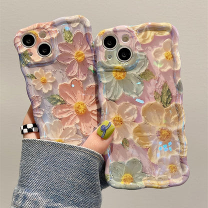UEEBAI Flower Case for iPhone 17 Case, Colorful Retro Oil Painting Girly Phone Cover Pretty Glossy Pattern Wave Cover Cute Sparkly Floral Curly Shell for Women and Girl, Pink Purple