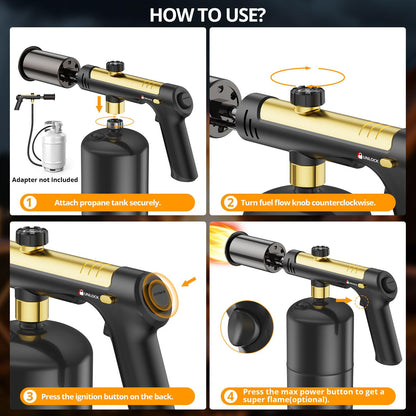 KinetiFire Powerful Propane Torch Gun, Cooking Torch with One-Touch Max Fire, Adjustable Culinary Torch for Searing Steak, Sous Vide, BBQ and Campfire Starter, Gold & Black(Tank Not Included)