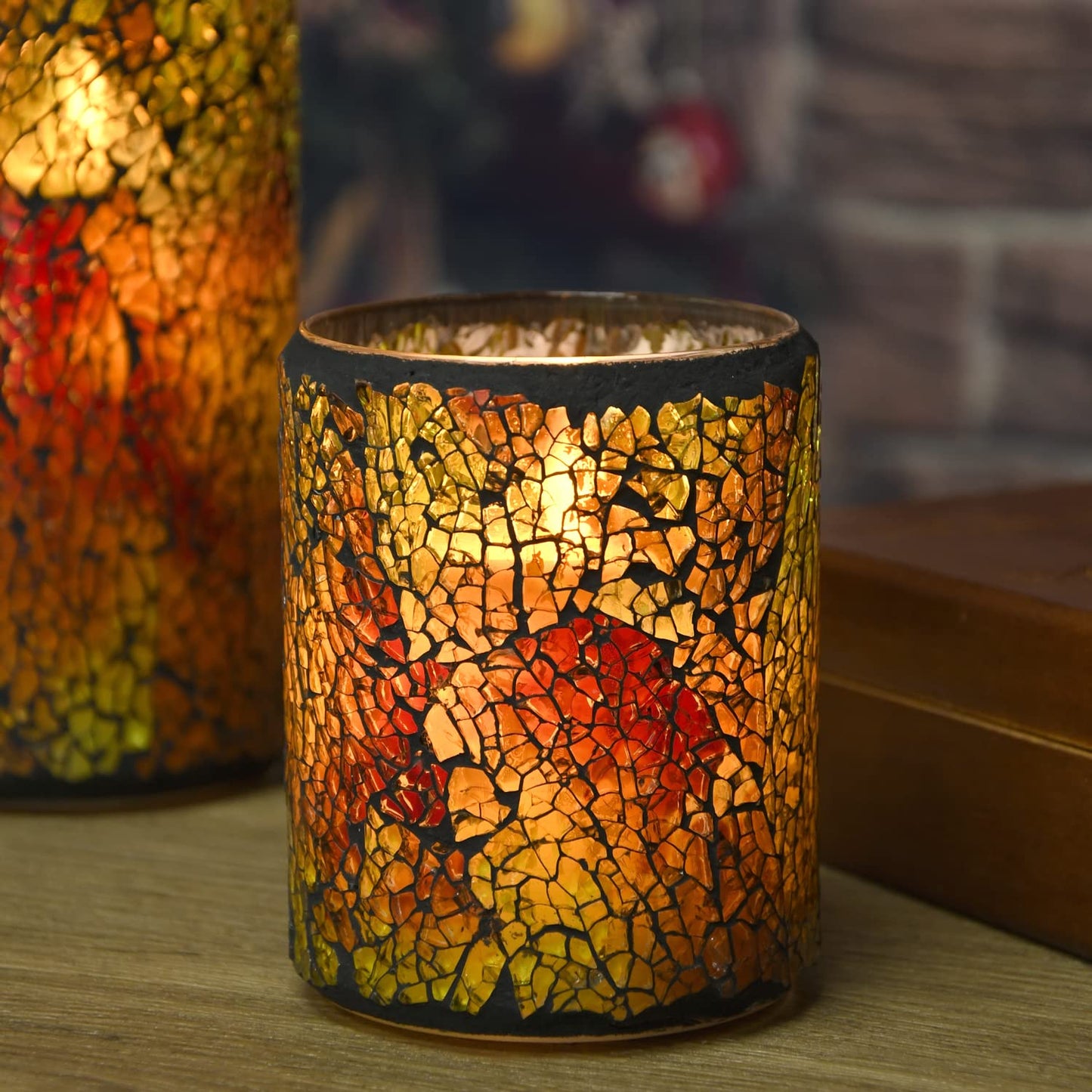 TELOSMA LED Mosaic Flameless Candle, Red Yellow Cracked Glass Pattern Pillar Candle - Centerpieces Table Bed Fireplace Autumn Decor - Set of 3