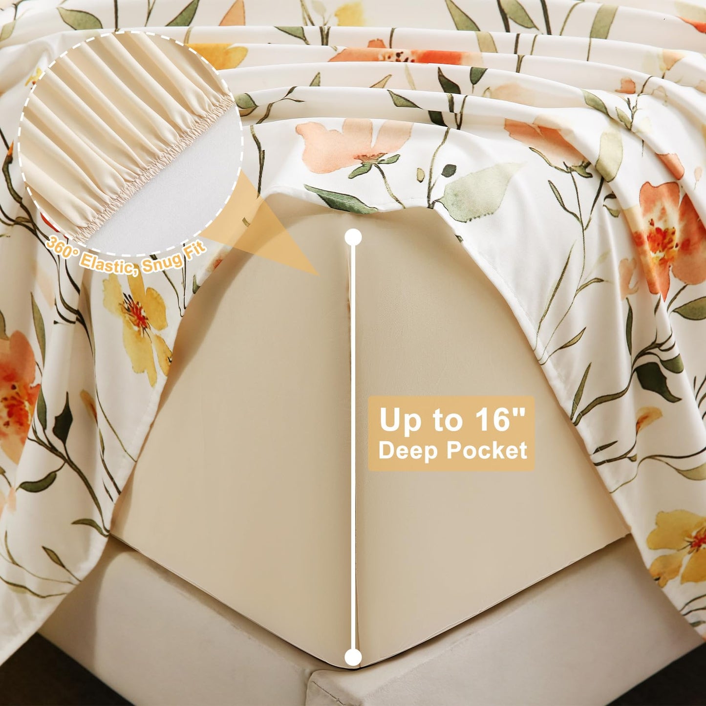 Botanical 6-Piece King Size Sheets Set, Boho Floral Print Brushed Microfiber Sheets, Cooling Bed Sheet Set, Ultra Soft & Breathable, 16' Deep Pocket Fitted Sheet & Pillowcase Set, Beige Floral