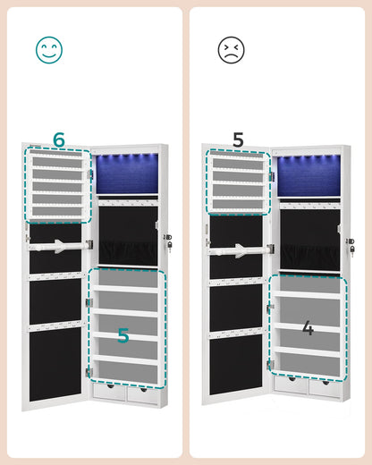 SONGMICS Hanging Jewelry Cabinet, Wall-Mounted Cabinet with LED Interior Lights, Door-Mounted Jewelry Organizer, Full-Length Mirror, Gift Idea, White UJJC99WT