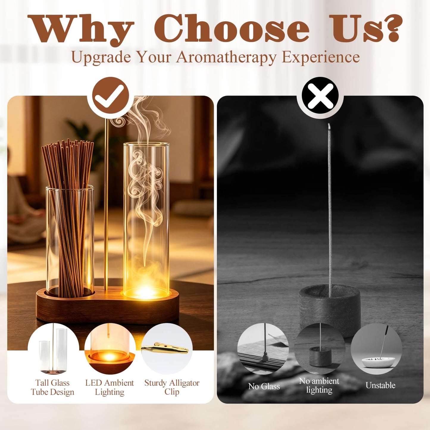 2 in 1 Glowing Incense Holder for Sticks with Ash Catcher and Adjustable Ambient Lighting, Alligator Clip-on Incense Burner Holder with More Secure Hold, Suitable for Yoga, Meditation, Home Decor