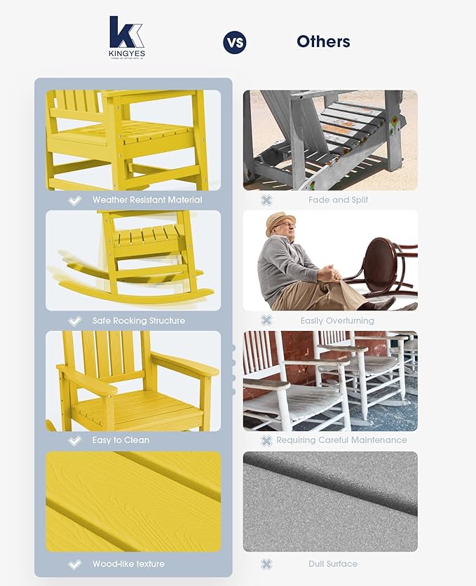 KINGYES HDPE Rocking Chairs Outdoor, Patio Rocking Chairs with 330lbs Support, Smooth Porch Rocker for Deck Lawn Yard, Yellow