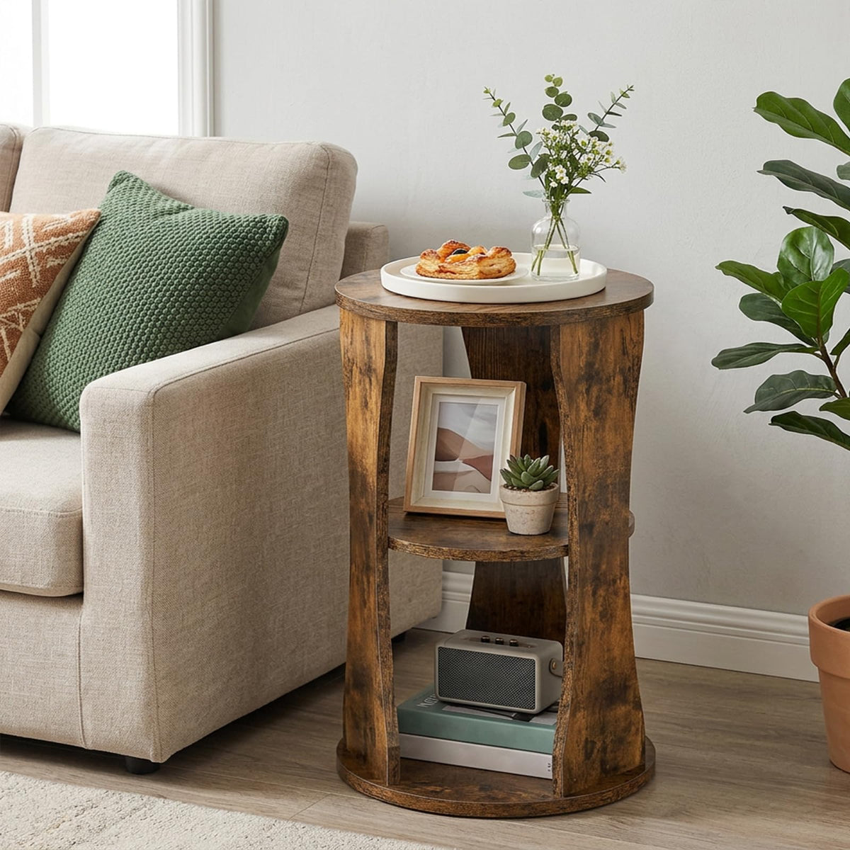 YATINEY Round Side Table, 3-Tier Wooden End Table with Storage Shelves, Drink Table for Small Spaces, Martini Table for Living Room, Bedroom, Rustic Brown ET15WL