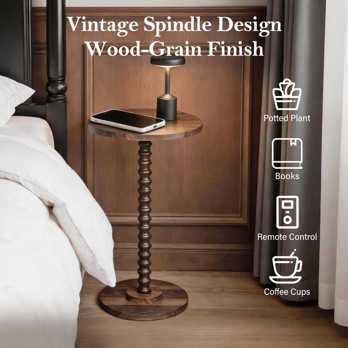 Round Side Table, Walnut Martini Drink Table for Small Spaces, Modern Pedestal Accent Tables with Wooden Leg, Small Round End Tables for Living Room, Bedroom, Balcony, Sofa Couch