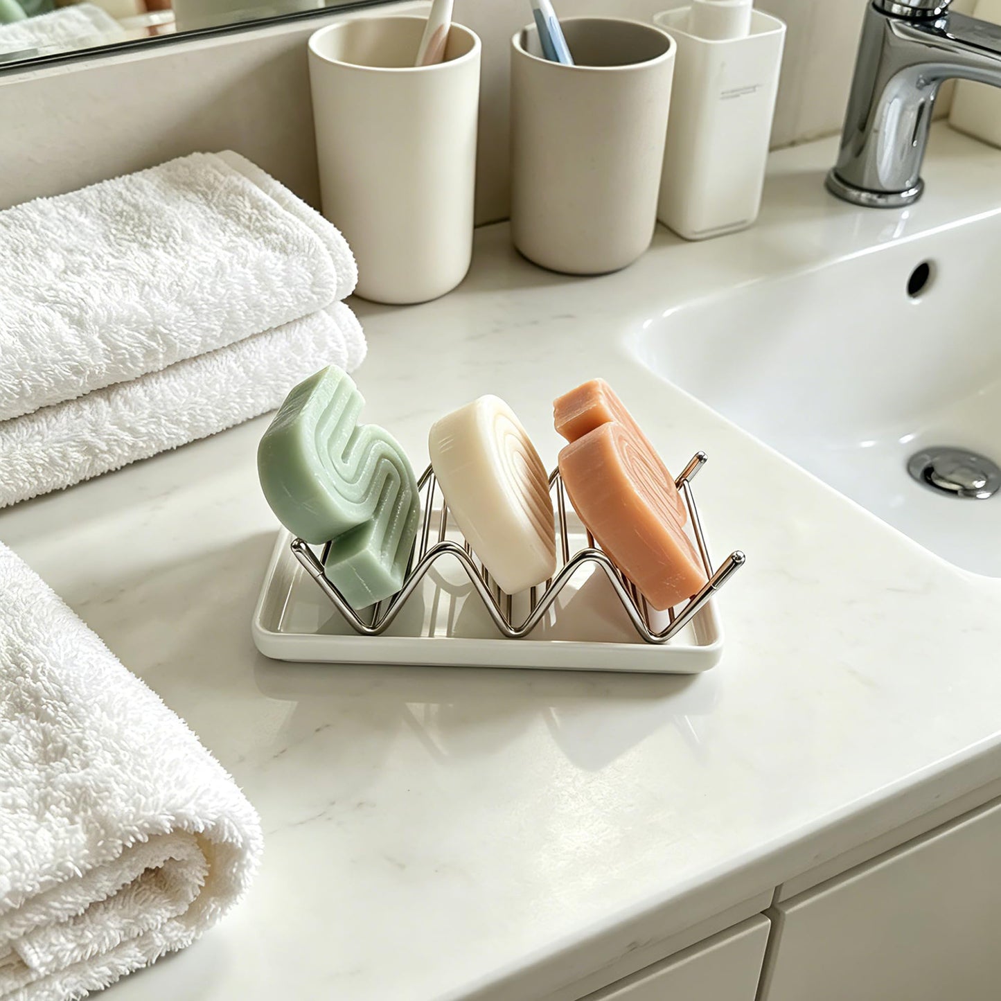 Lofekea Soap Dish, Stainless Steel Self Draining Shower Bar Soap Holder with Ceramic Dish Tray, W Style Soap Saver for Bathroom, Sink, Kitchen and Countertop(White)