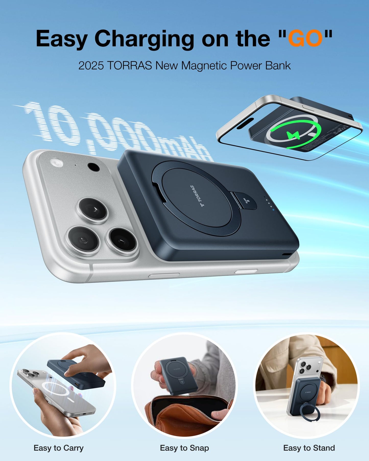 TORRAS EasyGo 0.45" Slim Magnetic Portable Charger Power Bank for iPhone, 5000mAh 22.5W PD Fast Charging Wireless Battery Pack Compatible with Magsafe, iPhone Air,Pro,Pro Max,17,16,15,14,13,12, Black