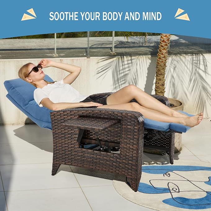 Outdoor Recliner Chairs Set of 2 Reclining Patio Chairs with Adjustable Back and Extended Footrest Wicker Rattan Recliner Chairs with Flip Table and Removable Cushion