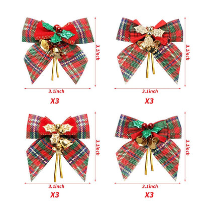 YBB 12 Pack Christmas Red Green Plaid Tree Bows, Linen Bowknot Wreath Bow with Jingle Bells for Christmas Garland Tree, Crafts, Wrapping, Wreath Xmas Hanging Ornaments Decor