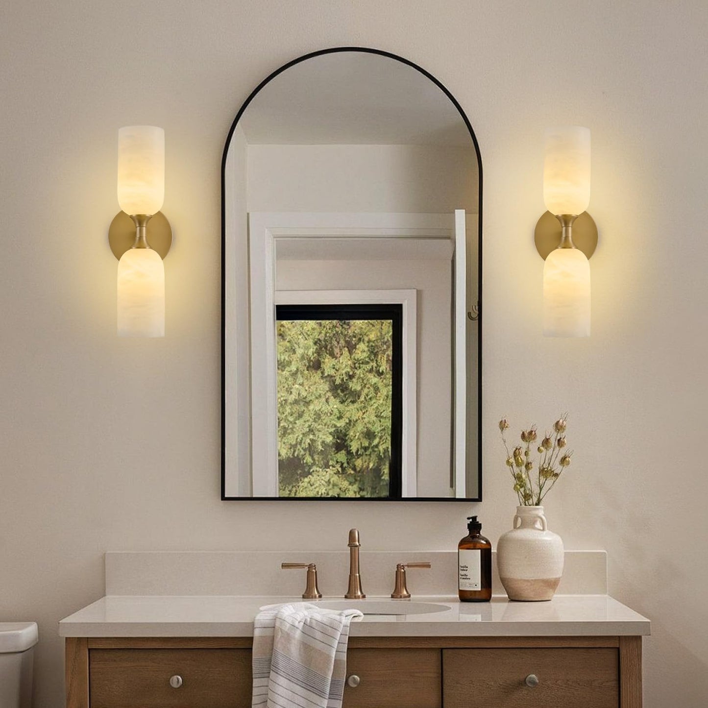 Vintage Alabaster Brass Wall Sconce: Set of 2 Antique Spanish Natural Marble Modern Vanity Wall Lights - 14" Brushed Gold Vanity Light - Indoor Sconces for Bathroom Stair Hallway Bedroom Living Room