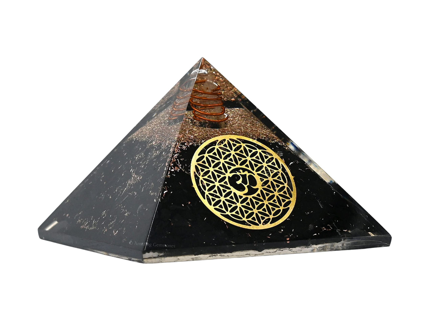 Amazing Gemstone Large Shungite Orgone Pyramid Crystal - OM with Flower of Life Orgonite Pyramid - Positive Energy Healing