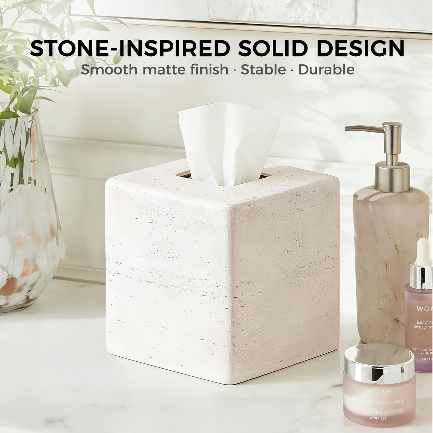 Decorative Square Tissue Box Cover – White Resin Tissue Holder for Bathroom, Bedroom, Countertop, Modern Stone-Look Tissue Box