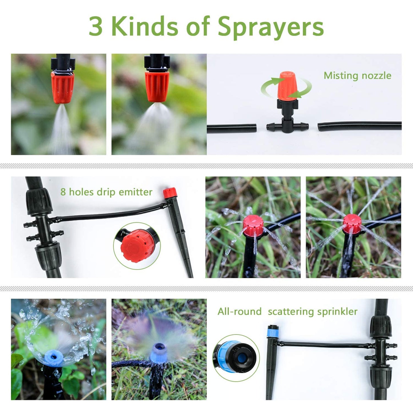 MIXC 226 FT Drip Irrigation System Kit, Automatic Watering System for Garden Greenhouse with 1/4" & 1/2" Tubing - Adjustable Nozzles & Sprinklers for Garden, Greenhouse, Lawn, Potted Plants