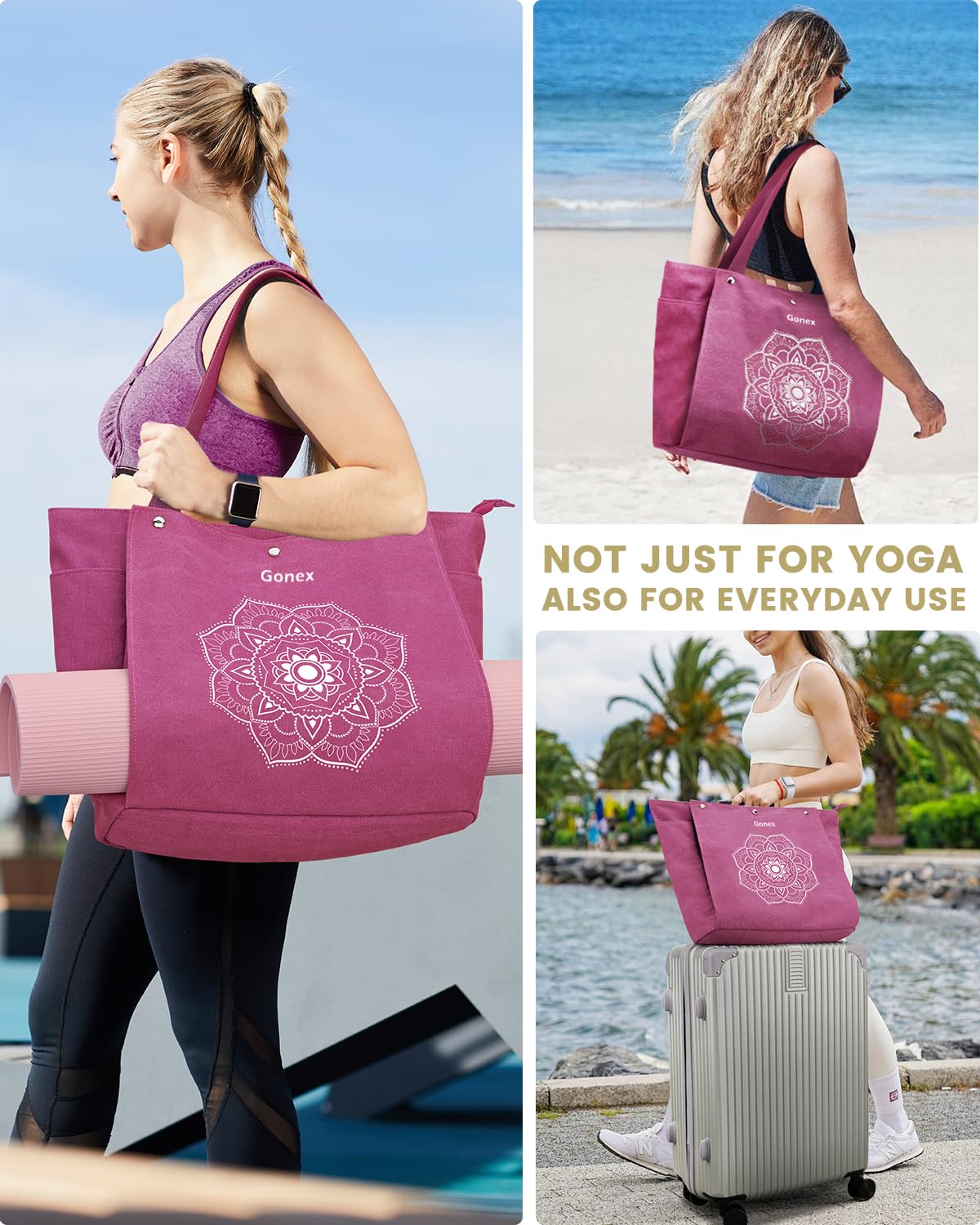 Gonex Yoga Mat Bag, Yoga Gym Bag Tote Bag with Multi Pockets For Women Men, Canvas Yoga Mat Carrier Take in Out Mat Easily For Pilates Travel Workout Office, Rose Red