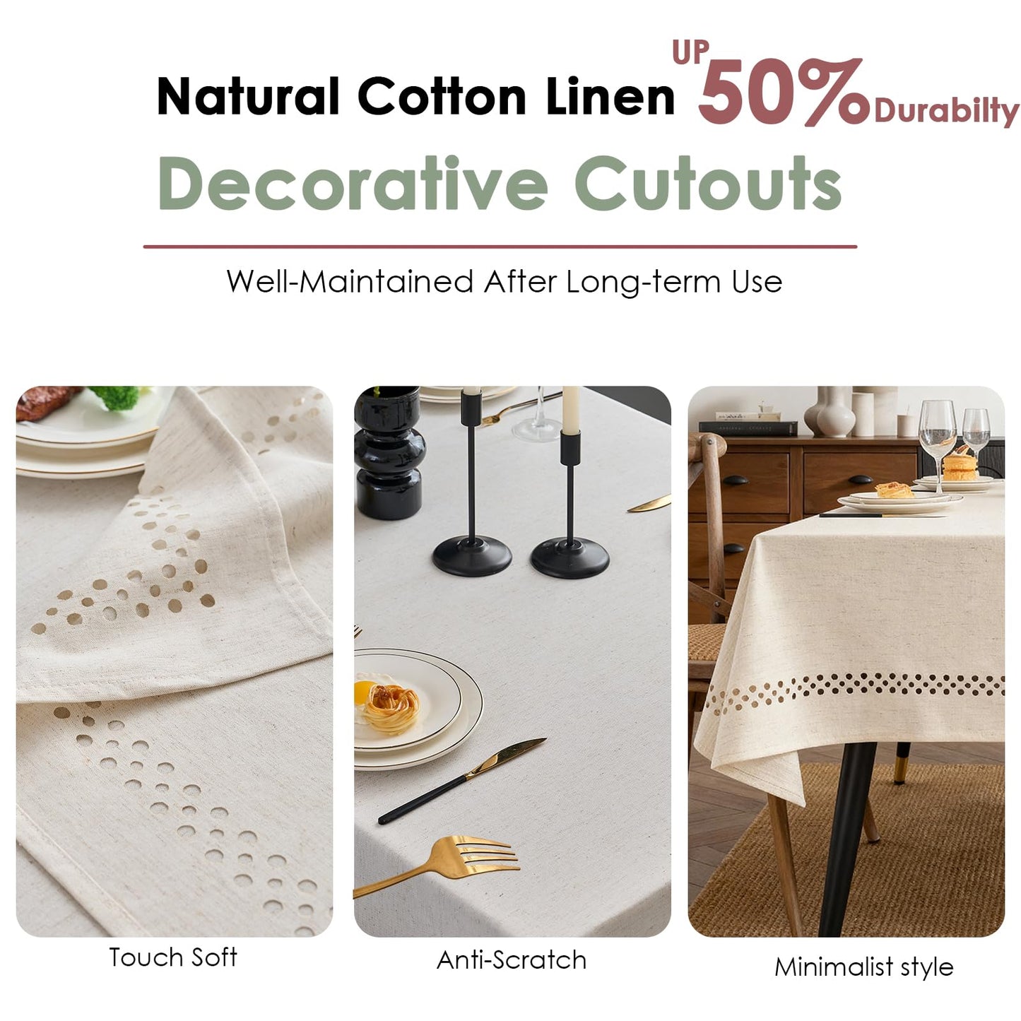 QDTTSRY Natural Tablecloth, Rectangle Tablecloth with Decorative Cutouts, Stain Resistant & Wrinkle Free Table Cover for for Dining Table (Natural Cotton Linen, 55" x 55" (Square))