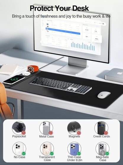 Mouse Pad with Magnetic Wireless Charging, Large Desk Mat, Non-Slip Mouse Mat, Keyboard Pad for Gaming, Desk, Office, PC (The Left Charging-Black with 20W PD Charger)