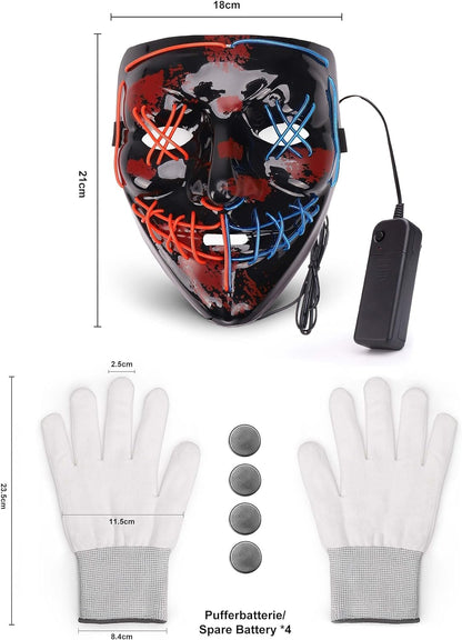 AnanBros Scary Halloween Mask Skeleton Gloves Costumes for Men, 3 Modes Purge Mask Light Up 6 Modes LED Glow Gloves, LED Anonymous Scream Halloween Mask, Halloween Costumes for Boys Kids Adult
