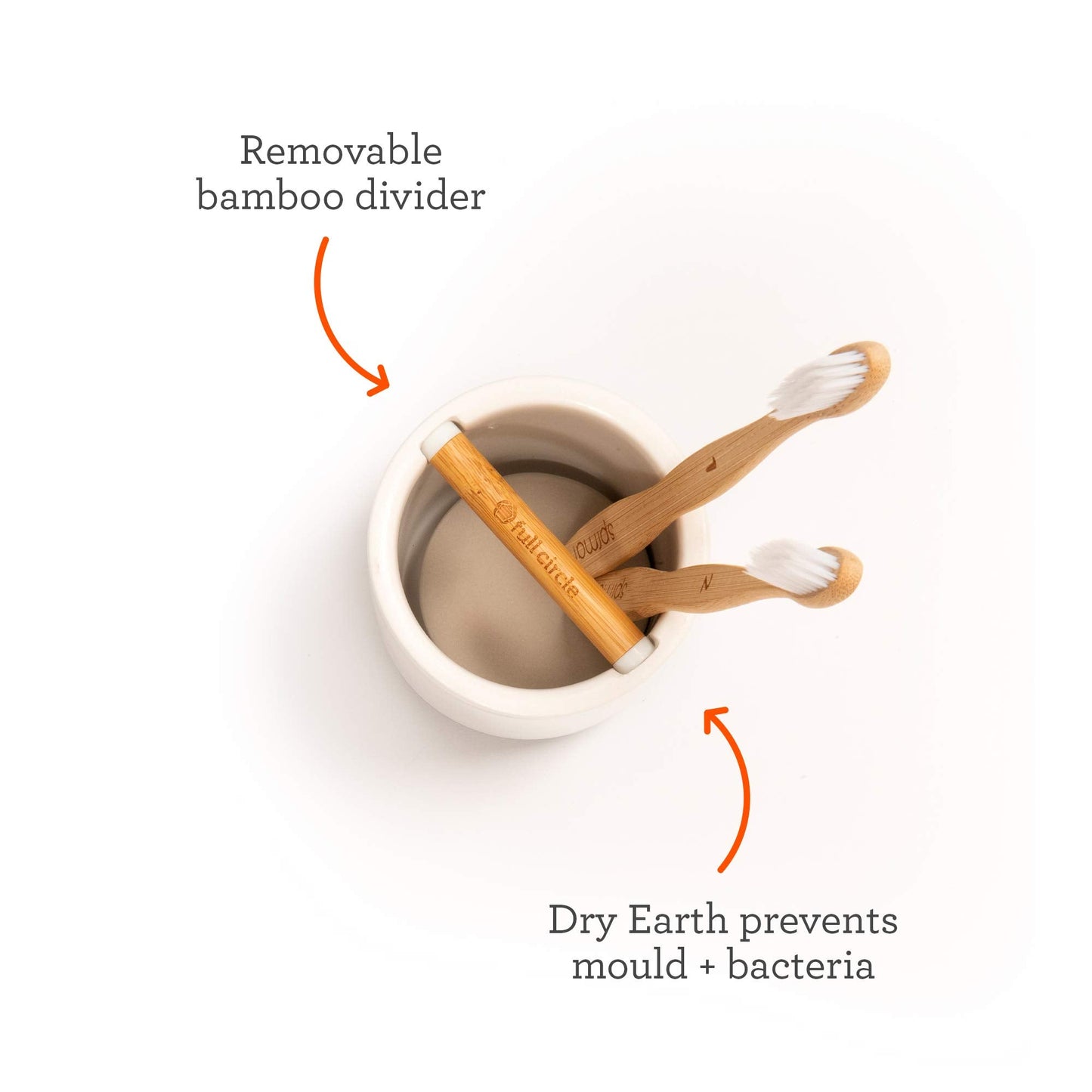 Full Circle Keep It Clean Ceramic & Bamboo Toothbrush Holder, White, Dry Earth Disk
