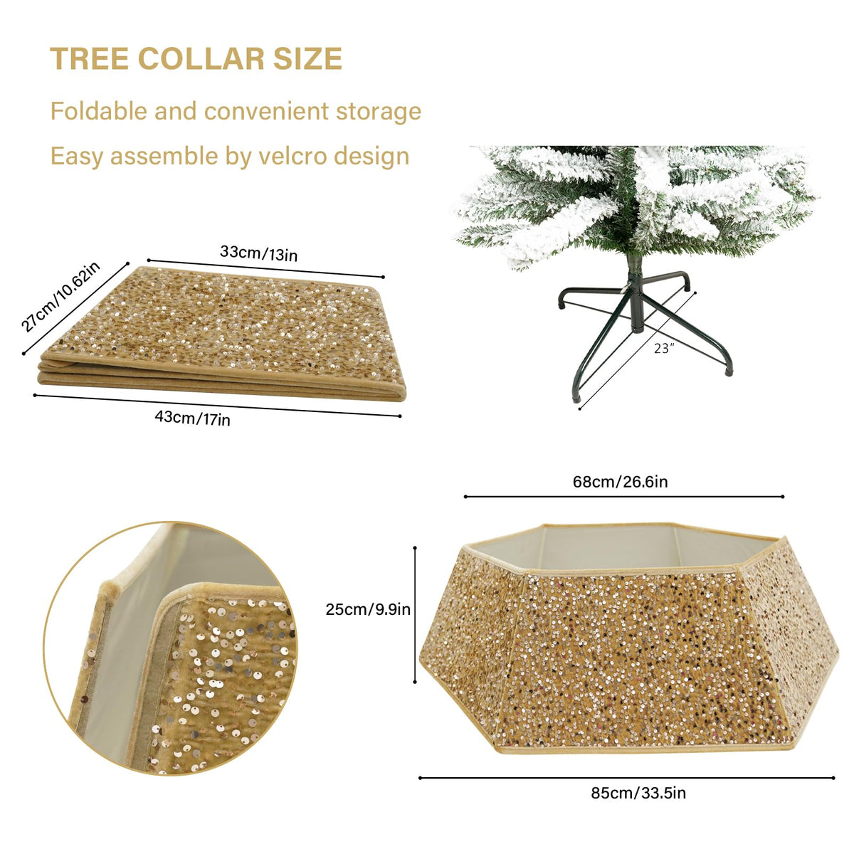Champagne Gold Christmas Tree Collar with Sparkling Sequins,Christmas Tree Collars for Atificial Trees, 33.5 Inch Christmas Tree Skirt, Xmas Tree Stand Base Cover,Holiday Home Decor Tree Ring(Large)