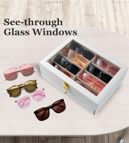 NEWLOOP Sunglasses Organizer Display Case - Sunglass Organizer for Women Men See-through Display Case Multiple Pairs Glasses Holder Stand 2-layer Eyeglass Collection Box with 16 Slots White