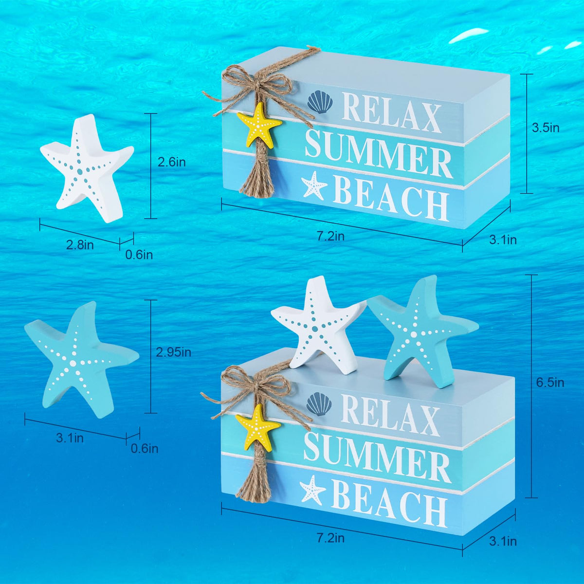 DECSPAS Beach Summer Table Decor, Starfish Wooden Stacked Books Sign for Ocean Tiered Tray Decorations, Coastal Nautical Shelf Table Centerpiece for Home, Room, Mantel, Tabletop, Farmhouse Gift