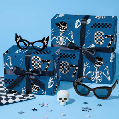 RUSPEPA 67 Skeleton Wrapping Paper Roll, Mini Roll, Blue Cool Street Style 67 Meme Design with Skeleton, Checkered & Lightning, Funny Gift Wrap for Kids, Boys, Teens, Birthday, 17 Inches x 16.4 Feet