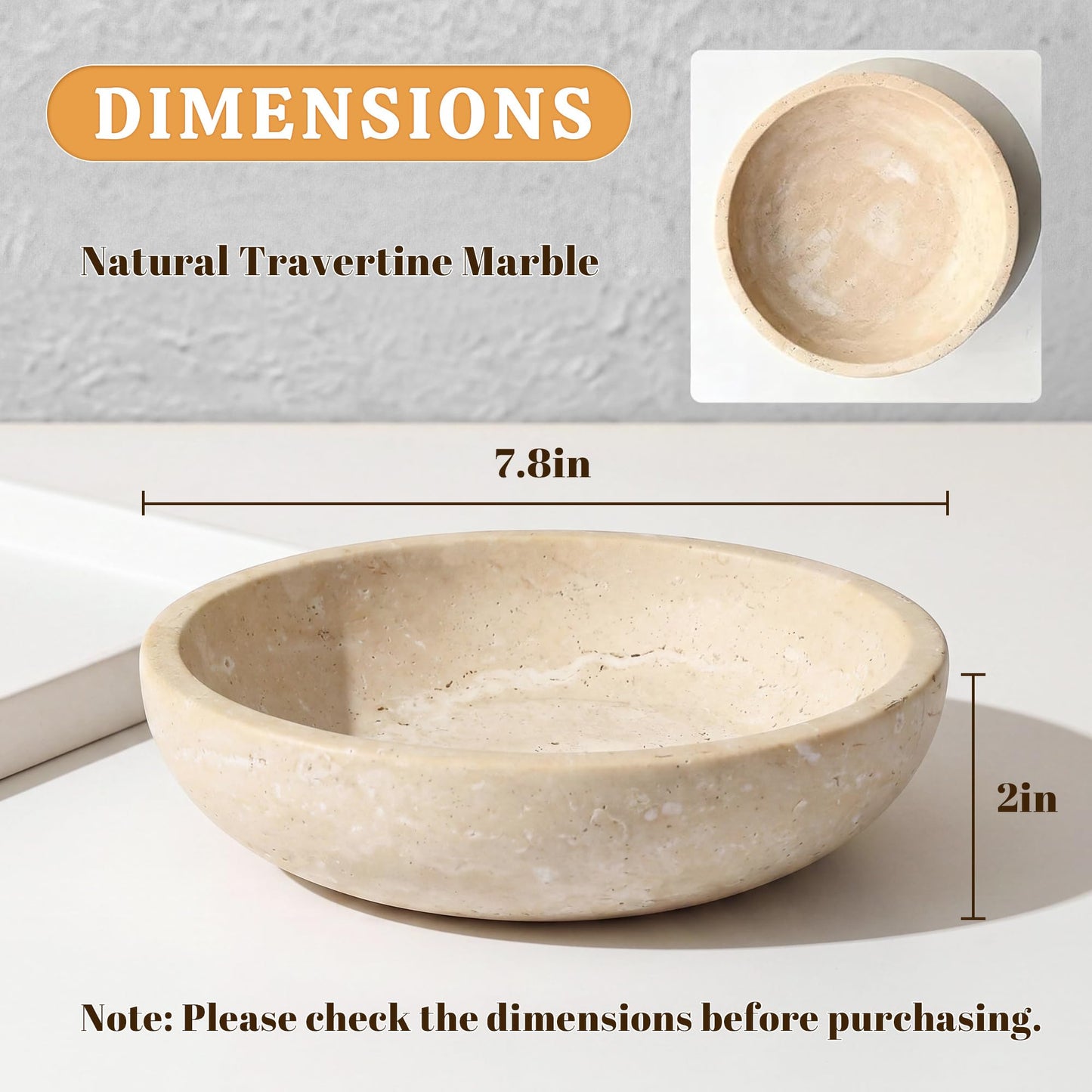 Travertine Marble Bowl & Decorative Bowl, 7.8" Modern Home Decor Key Bowl for Entryway, Natural Stone Centerpiece for Coffee Table, Ring Tray, Housewarming Gifts, Apartment Essentials Must Haves