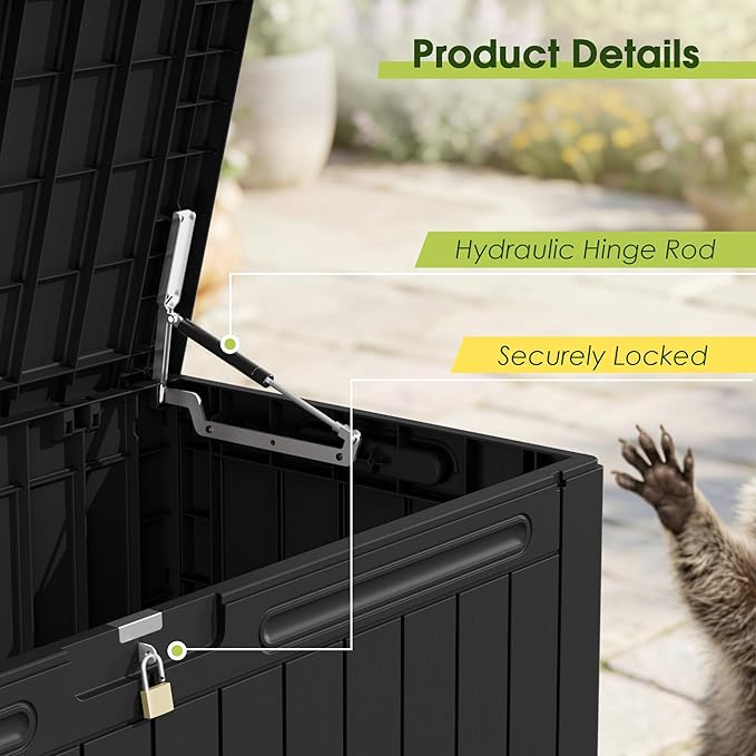 Devoko 100 Gallon Outdoor Storage Box, Waterproof Resin Deck Box for Patio Furniture, Lockable Container for Garden Cushions & Pool Supplies (Black, 100 Gallon)