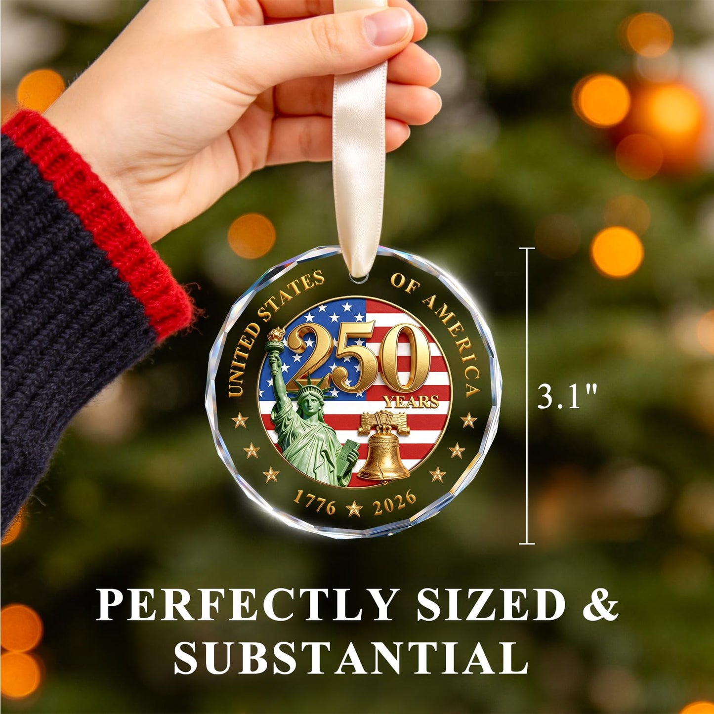 250 Anniversary USA Ornament for 4th of July Decorations - Crystal Glass Patriotic Christmas Ornaments - 1776-2026 Statue of Liberty Bell & US Flag Keepsake - Independence Day Souvenir Gifts