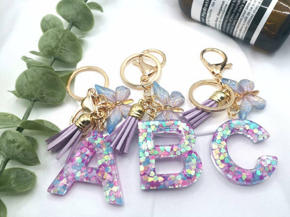 Meefisher Purple-Blue Resin Alphabet Initial Letter Bulk A-Z Keychain Tassel Butterfly Pendant Bag Charms Key Ring for Backpack Purse Wallet Handbags Car Keys Women,Cute,V