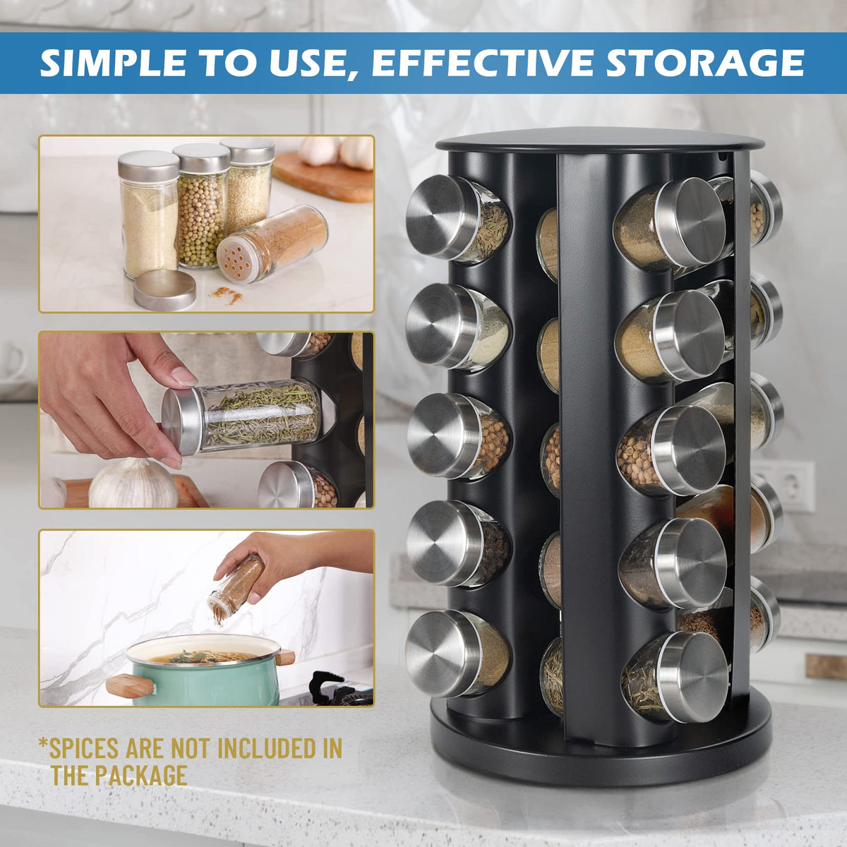 Tianifa Black Countertop Revolving Spice Rack, Empty 20-Jars Rotating Spice Rack Organizer, Round Carousel Tower, 135 Spice Labels with Funnel Complete Set, for Kitchen Countertop, Cabinet